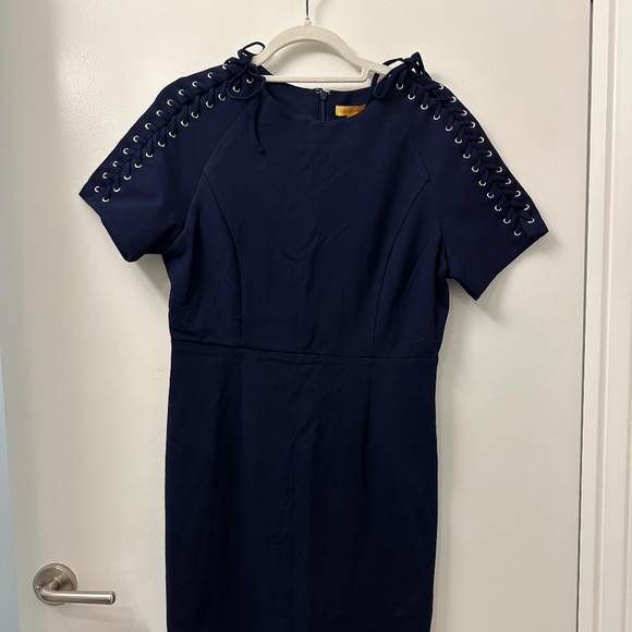 Catherine Malandrino Blue Sheath Dress with Lace-Up Grommet Sleeves - Picture 2 of 7